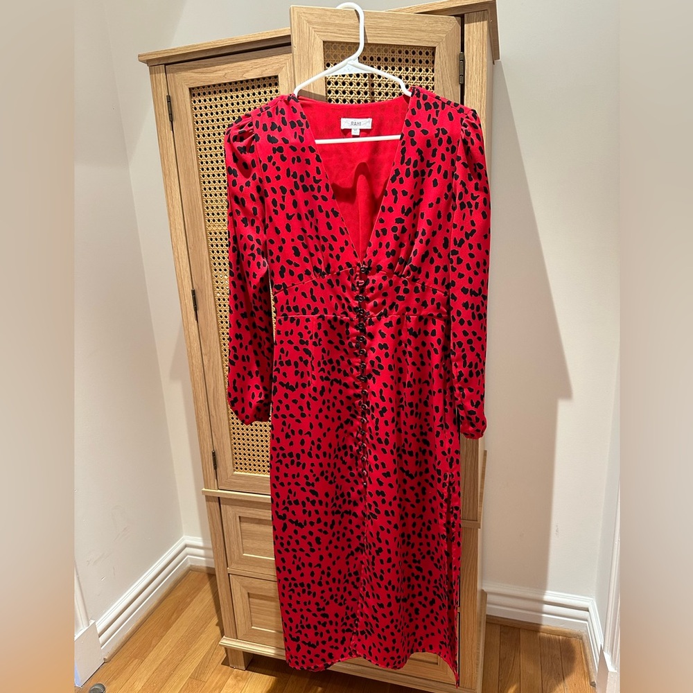 Red midi dress with leopard print and button details